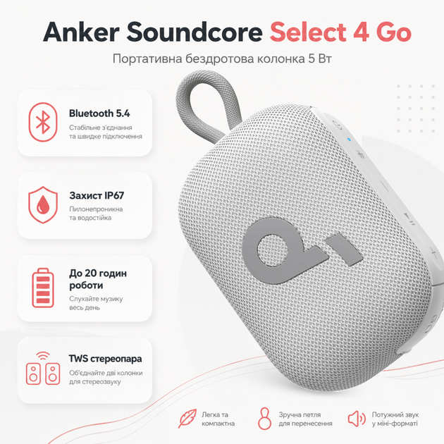Портативная беспроводная колонка Anker SoundCore Select 4 Go 5W Bluetooth 5.4 IP67 White (A31X1021) - изображение 2