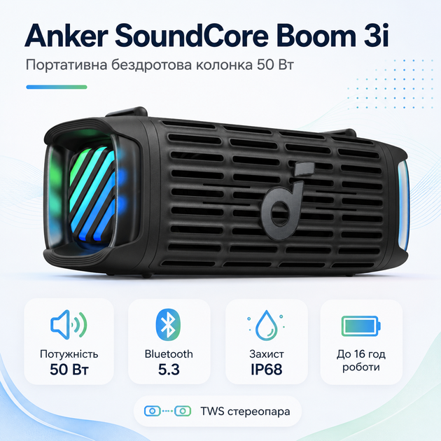 Портативная беспроводная колонка Anker SoundCore Boom 3i 50W Bluetooth 5.3 IP68 Black (D5100010) - изображение 2