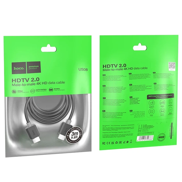 Кабель HOCO US08 HDTV 2.0 male-to-male 4K HD data cable(L=3M) Black - Фото 8 Кабель HOCO US08 HDTV 2.0 male-to-male 4K HD data cable(L=3M) Black - изображение 8
