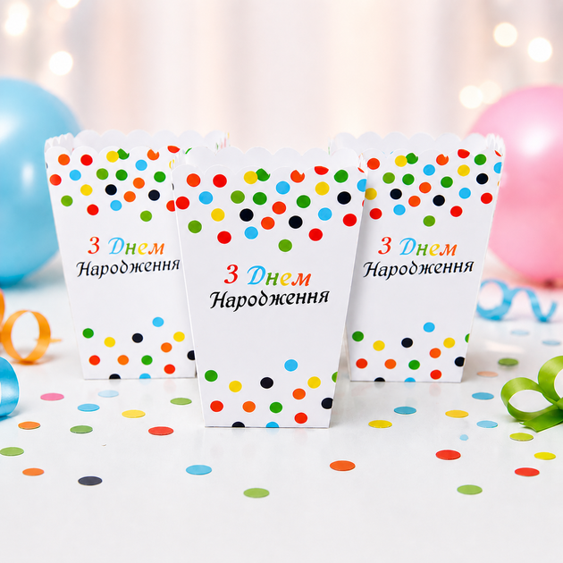 Коробки Для Солодощів Та Попкорну14см З Днем Народження Принт Конфетті 5шт - зображення 2