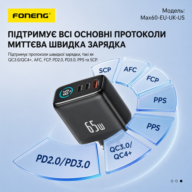 Зарядное устройство Foneng Display HuB 65W GaN мощное универсальное с индикатором заряда портативный адаптер с быстрой зарядкой блок питания USB-A и USB-C энергоэффективный для телефонов планшета айфона и самсунга Apple iPhone Samsung - изображение 3