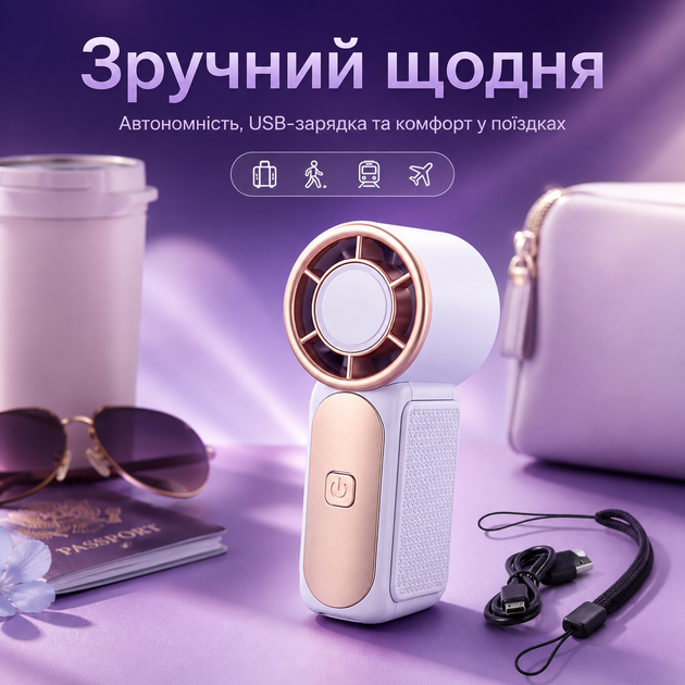Міні вентилятор ручний Type C потужний акумуляторний вентилятор компактний для офісу та подорожей BRS Purple - зображення 5