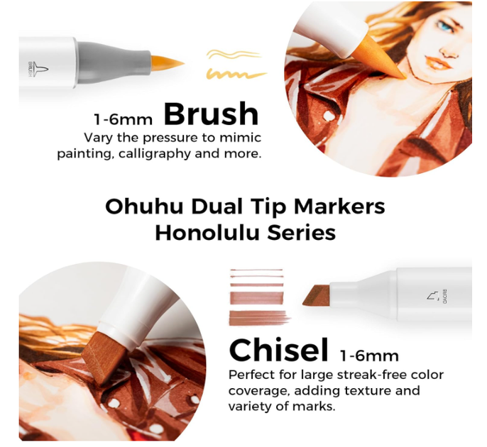 Ohuhu Alcohol Markers для кожи, 24 цвета, двусторонние (конец кисточка + косой кончик), для художников, рисования портретов - Фото 3 Ohuhu Alcohol Markers для кожи, 24 цвета, двусторонние (конец кисточка + косой кончик), для художников, рисования портретов - изображение 3