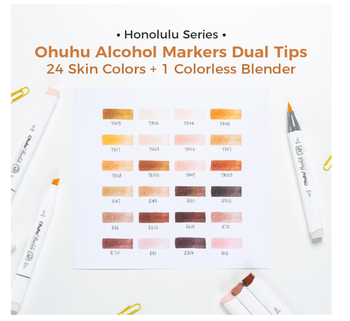Ohuhu Alcohol Markers для кожи, 24 цвета, двусторонние (конец кисточка + косой кончик), для художников, рисования портретов - Фото 4 Ohuhu Alcohol Markers для кожи, 24 цвета, двусторонние (конец кисточка + косой кончик), для художников, рисования портретов - изображение 4