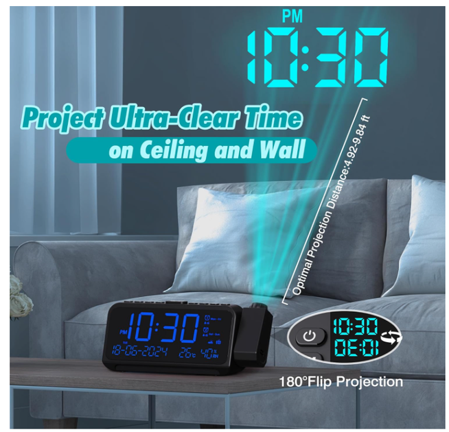 Будильник с проекцией времени Radio Alarm Clock, цифровые настольные часы с USB/Type-C, двойной будильник, температура и дата - изображение 7