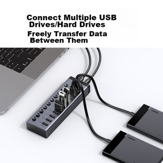 USB-концентратор UGREEN 3.0, высокоскоростная док-станция расширения на 10 портов, разветвитель для ноутбуков и настольных компьютеров, адаптер-конвертер «один к одному» с удлинительным кабелем и блоком питания. - изображение 3