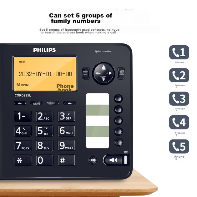 Телефон PHILIPS с функцией записи, стационарный телефон, для офиса и дома, автоматическая и ручная запись, может хранить 1000 китайских телефонных номеров, CORD285L, темно-синий. - изображение 6
