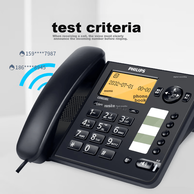 Телефон PHILIPS с функцией записи, стационарный телефон, для офиса и дома, автоматическая и ручная запись, может хранить 1000 китайских телефонных номеров, CORD285L, темно-синий. - изображение 7