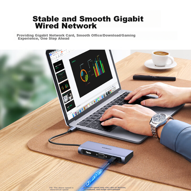 Док-станция расширения UGREEN Type-C, преобразователь USB-C в HDMI/VGA, быстрая зарядка PD, сетевой кабельный адаптер, концентратор 3.0, совместима с Apple MacBook 16/17, ноутбуками Huawei и iPad. - изображение 3