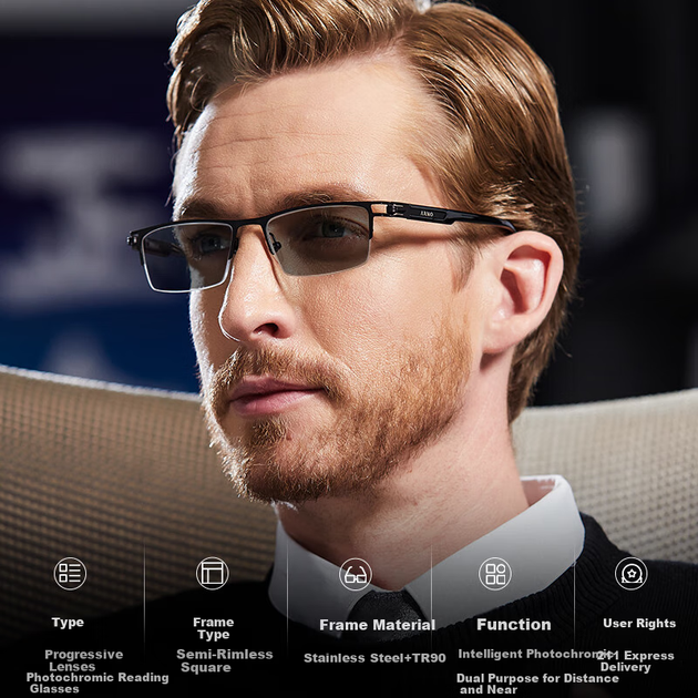 Очки для чтения ARNO FOCUS ON YOUR EYES для мужчин, бифокальные, немецкого производства, с автоматическим зумом и изменением цвета, для коррекции пресбиопии, модель A1050B, угол обзора 200 градусов. - изображение 3