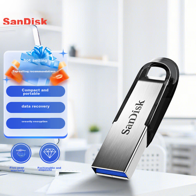 USB-флеш-накопичувач SanDisk CZ73 на 32 ГБ, безпечне шифрування, відновлення даних, для навчання, офісної роботи та торгів, компактний та портативний, кріплення в автомобіль, металевий флеш-накопичувач - изображение 8