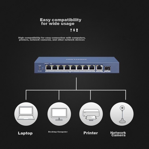 Комутатор HIKVISION 8 портів POE + 2 гігабітних, DS-3E0510P - зображення 5