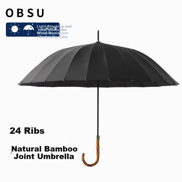Парасолька від сильного дощу Obsu Japan з 24 ребрами, бамбуковим з'єднанням, міцна, з довгою ручкою, простий дизайн, чорний колір - Фото 4 Парасолька від сильного дощу Obsu Japan з 24 ребрами, бамбуковим з'єднанням, міцна, з довгою ручкою, простий дизайн, чорний колір - зображення 4