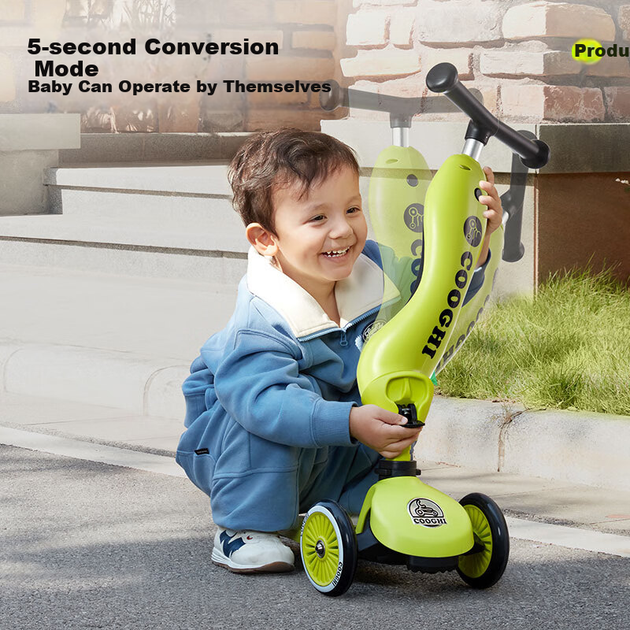 Самокат COOGHI V2 2в1 детский тихий, 1-5 лет, зеленый - изображение 3