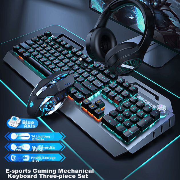 Механическая клавиатура и мышь EWEADN TK900, проводной игровой офисный комплект из трех предметов: клавиатура, мышь и гарнитура, а также внешний многофункциональный регулятор, 104 клавиши, синие переключатели, синяя подсветка. - изображение 5