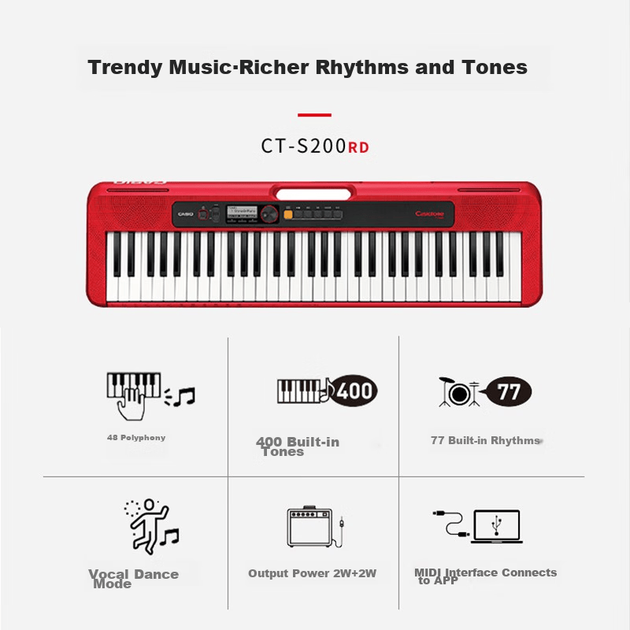 Электронная клавиатура CASIO CTS200, черная, стильная, портативная, модная игрушка для детей и взрослых, для развлечения и обучения, 61 клавиша, автономная модель. - изображение 5