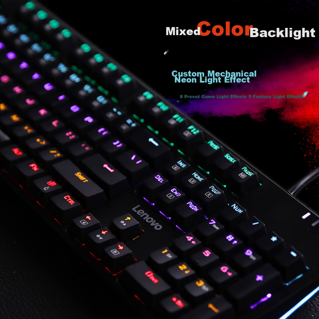 Дротова механічна клавіатура Lenovo K104 із синіми перемикачами та RGB-ефектами підсвічування, сумісна з Lenovo Legion R9000P/Y7000 для ігор та офісного використання, 104 клавіші, клавіатура PUBG, чорно-сині перемикачі - зображення 4