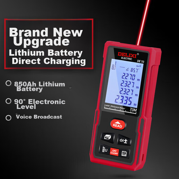Лазерный дальномер DELIXI ELECTRIC, перезаряжаемая версия с голосовым управлением, электронный измерительный прибор, бытовая электронная линейка, инструмент для измерения помещений, 70 метров. - Фото 1 Лазерный дальномер DELIXI ELECTRIC, перезаряжаемая версия с голосовым управлением, электронный измерительный прибор, бытовая электронная линейка, инструмент для измерения помещений, 70 метров. - изображение 1