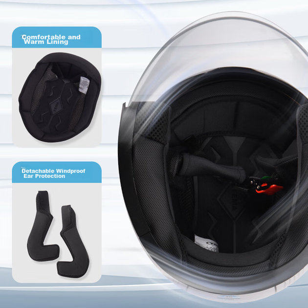 Мотоциклетный шлем YEMA 3C Certified 639S для электромобилей, мужской зимний защитный шлем с двумя линзами, женский полушлем для электросамоката, всесезонный универсальный размер, белый с полосатым рисунком и прозрачным визором. - Фото 5 Мотоциклетный шлем YEMA 3C Certified 639S для электромобилей, мужской зимний защитный шлем с двумя линзами, женский полушлем для электросамоката, всесезонный универсальный размер, белый с полосатым рисунком и прозрачным визором. - изображение 5