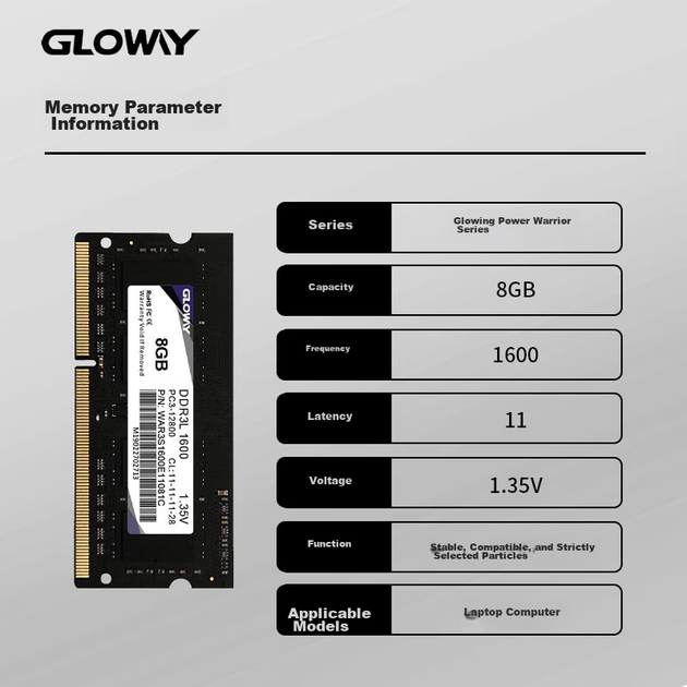 Модуль оперативной памяти Gloway 8GB DDR3L 1600 для ноутбука, Zhanjiang Piao, чипы премиум-класса, CL11, аксессуар для компьютера с поддержкой искусственного интеллекта. - изображение 4