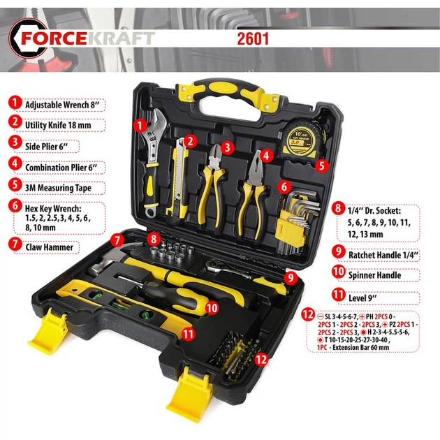 Набір інструментів 1/4'' 60 предметів слюсарний FORCEKRAFT 2601 - изображение 4