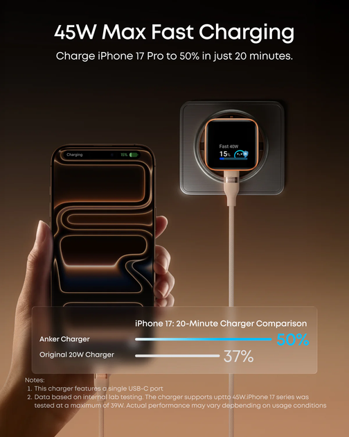 Зарядний пристрій Anker Nano 45W Smart Display Charger Black - зображення 3