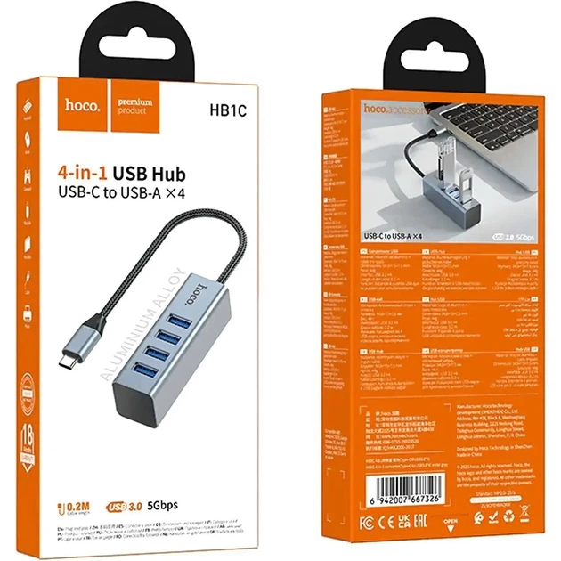 Хаб HOCO HB1C Type-C to 4xUSB3.0 - Фото 3 Хаб HOCO HB1C Type-C to 4xUSB3.0 - изображение 3