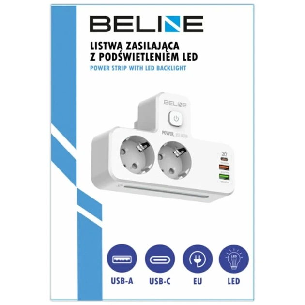 Удлинитель Beline с LED подсветкой 2xUSB-A/USB-C/2xAC White BLNPH01 (5906849664142) - Фото 7 Удлинитель Beline с LED подсветкой 2xUSB-A/USB-C/2xAC White BLNPH01 (5906849664142) - изображение 7