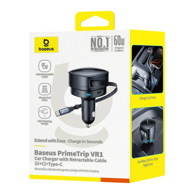 Автомобильная зарядка Baseus PrimeTrip VR1 60W USB-A USB-C с кабелем USB-C Черный (6932172690274) - изображение 3
