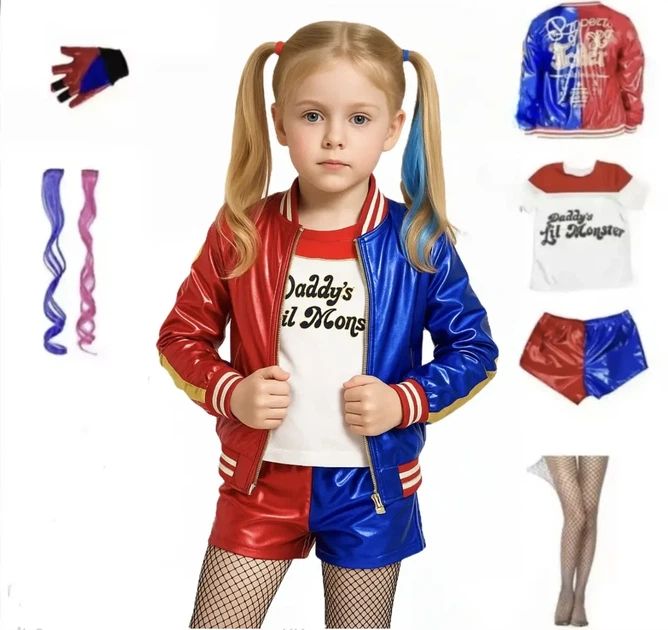 Детский костюм Харли Квинн (Harley Quinn) для Хэллоуина комплект куртка, шорты, футболка, перчатка, колготки 180 см - Фото 1 Детский костюм Харли Квинн (Harley Quinn) для Хэллоуина комплект куртка, шорты, футболка, перчатка, колготки 180 см - изображение 1
