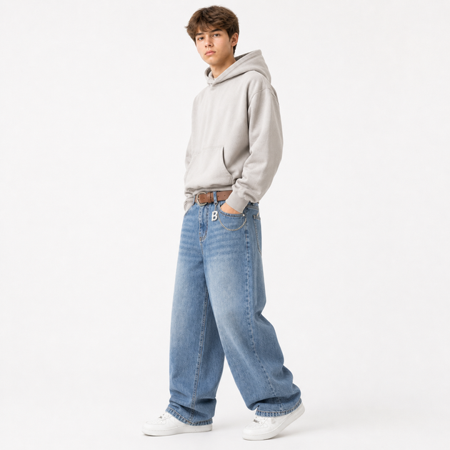 Джинси YZTH для хлопчика підлітка широкі skater baggy на гумці,Блакитний 170 - Фото 2 Джинси YZTH для хлопчика підлітка широкі skater baggy на гумці,Блакитний 170 - зображення 2