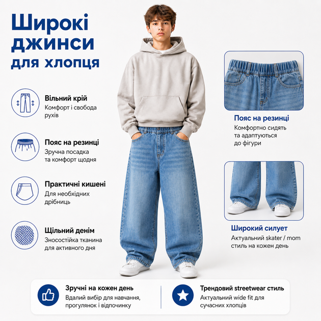 Джинси YZTH для хлопчика підлітка широкі skater baggy на гумці,Блакитний 170 - Фото 5 Джинси YZTH для хлопчика підлітка широкі skater baggy на гумці,Блакитний 170 - зображення 5