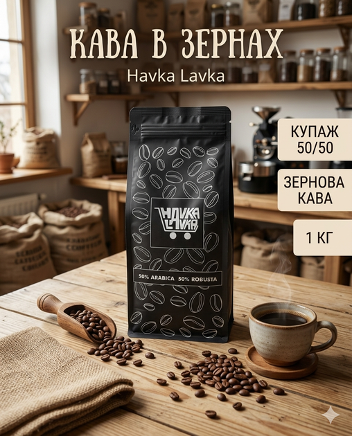 Кофе в зернах Havka Lavka 50/50 купаж арабика/робуста средней обжарки универсальная для кофемашины и турки 1 кг - Фото 1 Кофе в зернах Havka Lavka 50/50 купаж арабика/робуста средней обжарки универсальная для кофемашины и турки 1 кг - изображение 1