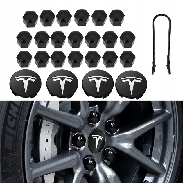 Набір ковпачки на болти гайки ковпачки на колеса 21 мм для Тесла Tesla чорний глянець + мішечок - Фото 3 Набір ковпачки на болти гайки ковпачки на колеса 21 мм для Тесла Tesla чорний глянець + мішечок - зображення 3