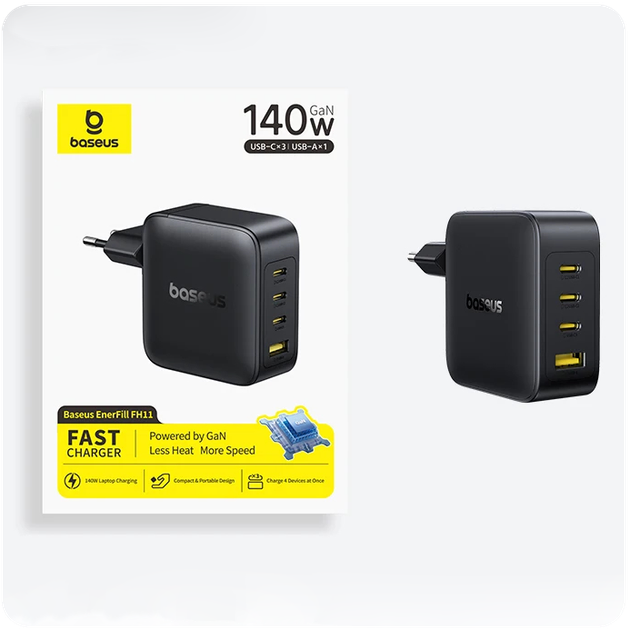 Сетевое зарядное устройство Baseus GaN EnerFill FH11 2Type-C+USB 140W E0121J Black - Фото 4 Сетевое зарядное устройство Baseus GaN EnerFill FH11 2Type-C+USB 140W E0121J Black - изображение 4