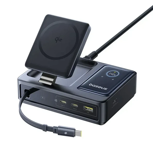 Сетевое зарядное устройство Baseus Nomos 5-in-1 Qi2 Desktop Charger with 100W Retractable Type-C Cable & 15W MagSafe Wireless Charging CCNMS140 Black - изображение 2