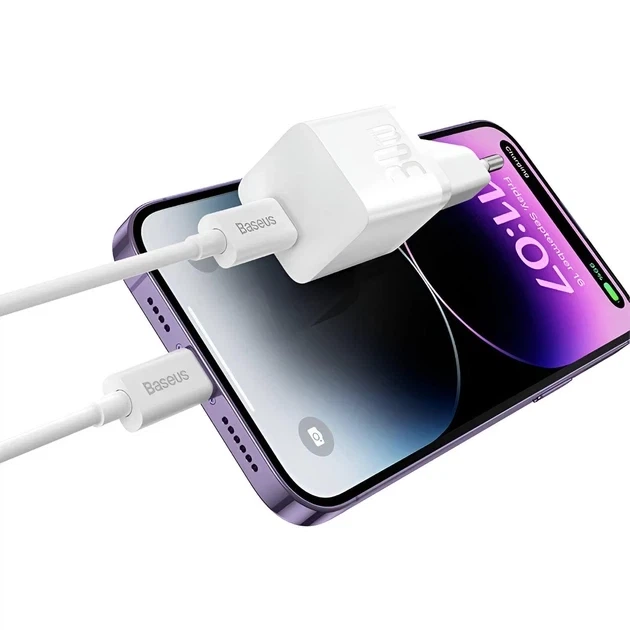 Сетевое зарядное устройство Baseus GaN5 Mini Fast Charger 1Type-C 30W+ Cable Type-C to Type-C 100W 1m P10110902213-00 White - Фото 6 Сетевое зарядное устройство Baseus GaN5 Mini Fast Charger 1Type-C 30W+ Cable Type-C to Type-C 100W 1m P10110902213-00 White - изображение 6