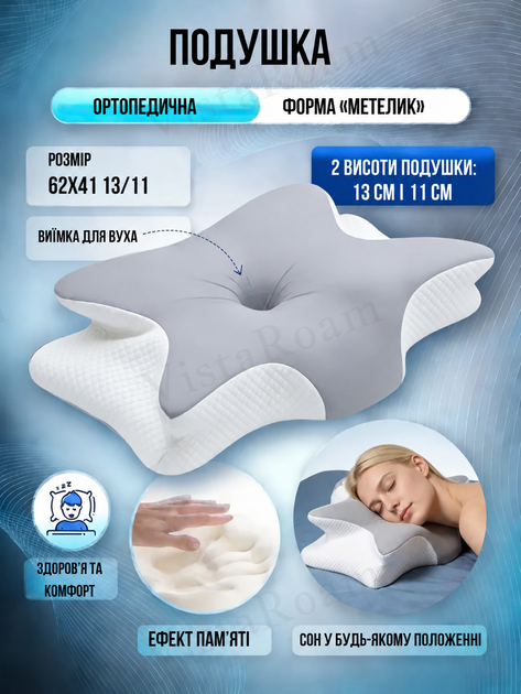 Подушка ортопедическая Beauty «Бабочка» с эффектом памяти — для поддержки шеи и плеч, серо-белая, 62×41×13/11 см, 1.2 кг KT8001201 - изображение 2