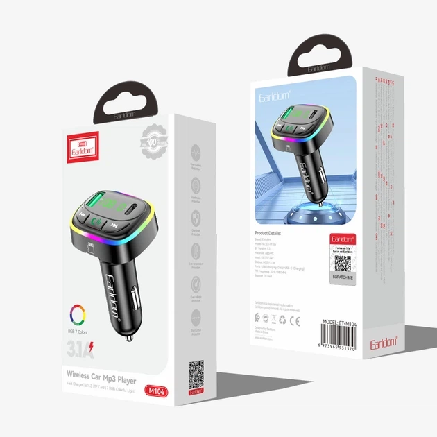 Автомобильный FM модулятор MP3 с быстрой зарядкой 3.1A (USB + USB-C) — Earldom ET-M104 Black (778354) - изображение 2