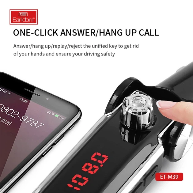 Автомобильный FM модулятор MP3 с Bluetooth 5.1 и дисплеем (2xUSB) — Earldom ET-M39 Black (771875) - Фото 7 Автомобильный FM модулятор MP3 с Bluetooth 5.1 и дисплеем (2xUSB) — Earldom ET-M39 Black (771875) - изображение 7