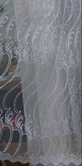 Біла тюль турецький фатін з вишитими завиточками, на метраж, для зали, вітальні, спальні, кухні, заміського будинку - зображення 6