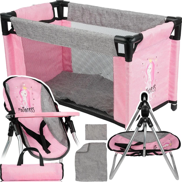 Zestaw dla lalek MalPlay Princess 2 w 1: łóżeczko, krzesełko do karmienia, huśtawka, pościel, torba 113580 PinkGrey (5901924244967) - Zdjęcie 1 Zestaw dla lalek MalPlay Princess 2 w 1: łóżeczko, krzesełko do karmienia, huśtawka, pościel, torba 113580 PinkGrey (5901924244967) - obraz 1