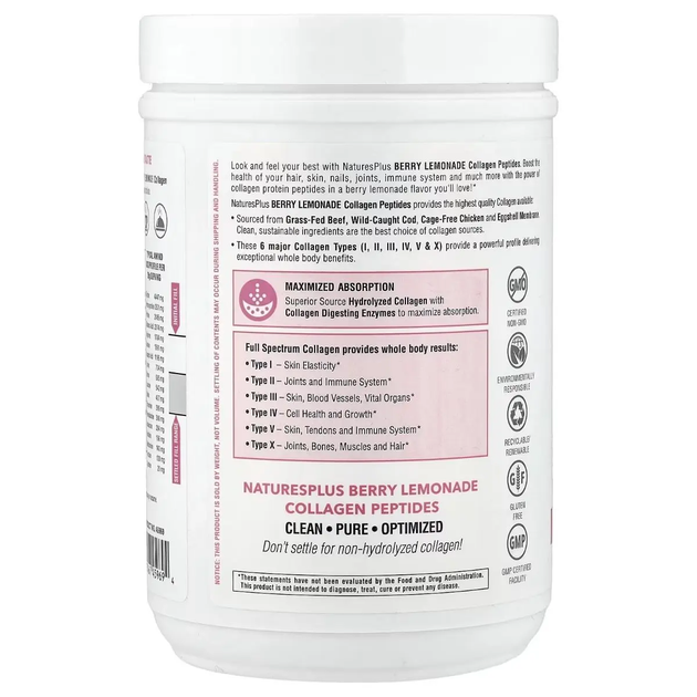 Пептиды коллагена, вкус ягодного лимонада, Collagen Peptides, Natures Plus, 364 г - изображение 3