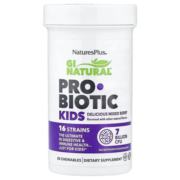 Пробиотик для детей, 7 млрд КОЕ, вкус ягод, GI Natural, Probiotic Kids, Natures Plus, 30 жевательных таблеток - Фото 1 Пробиотик для детей, 7 млрд КОЕ, вкус ягод, GI Natural, Probiotic Kids, Natures Plus, 30 жевательных таблеток - изображение 1