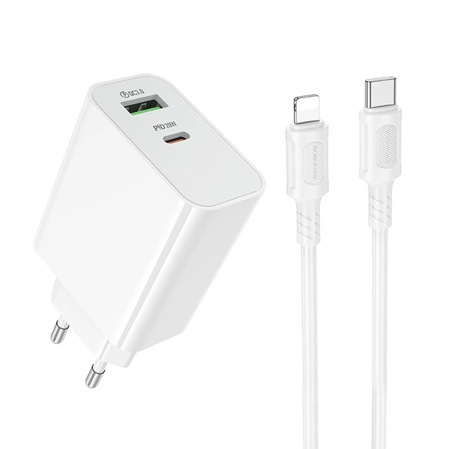 Мережевий зарядний пристрій з кабелем BOROFONE BA106A Stellar PD20W+QC3.0 charger set (C to iP) (EU) White - Фото 1 Мережевий зарядний пристрій з кабелем BOROFONE BA106A Stellar PD20W+QC3.0 charger set (C to iP) (EU) White - зображення 1