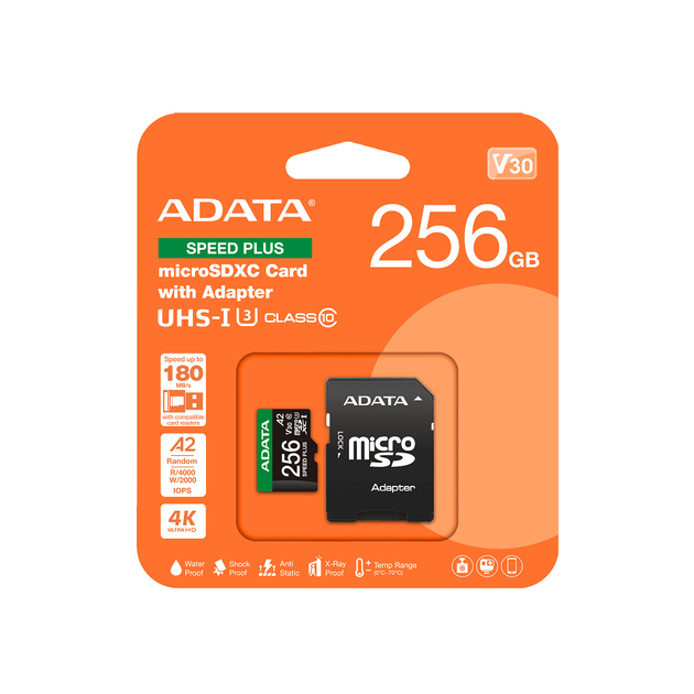 Карта пам'яті A-DATA SPEED PLUS microSDXC 256GB UHS-I U3 Class 10 V30 A2 180MB/s з SD-адаптером (D28591303EA8) - зображення 2