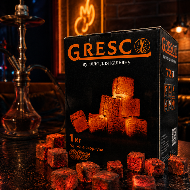 Уголь для кальяна Gresco ореховый в коробке 1кг греско 72 кубика 25х25мм - изображение 6