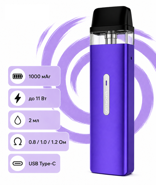 Pod-система электронная сигарета Vaporesso XROS Mini Kit Violet под система вейп 9,8 см, 1000 мАч , 0,8Ω, Метал+пластик - изображение 2