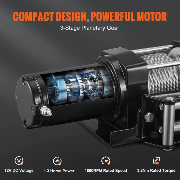 Электрическая лебедка VEVOR P3000-1C / 11.9 м / 12V / до 1.3 т / Водонепроницаемая / Черный Б/В k1 - изображение 4