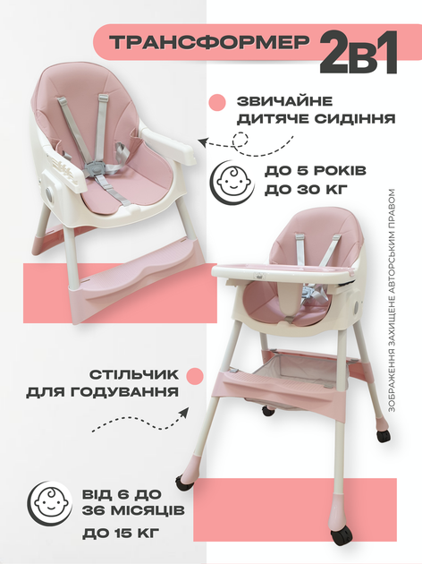 Дитячий стільчик для годування 2 в 1 високий м’який стілець трансформер дитяче крісло для малюків із регульованою спинкою та підніжкою знімний столик кошик на 4 коліщатках універсальний багатофункціональний зручний стійкий для дітей із PU екошкіри рожевий - зображення 3